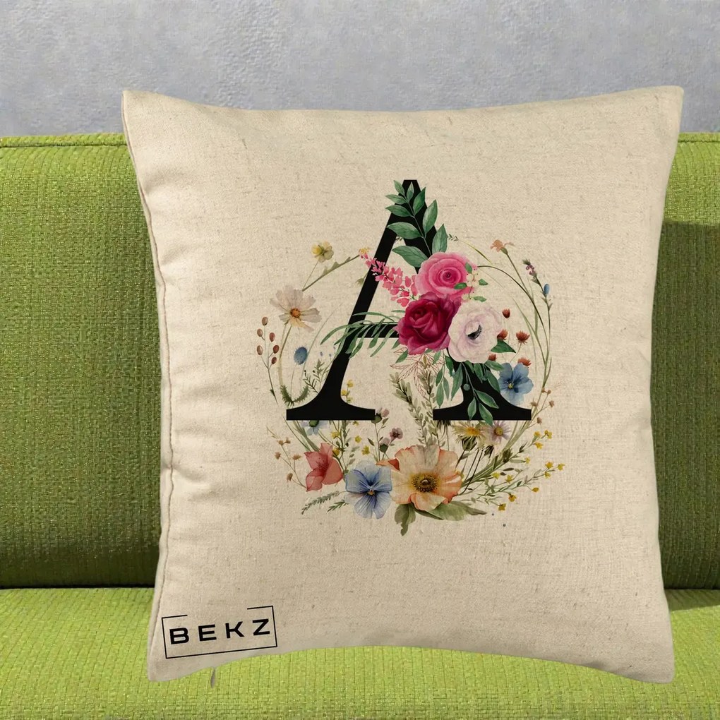 Cadou Personalizat - Perna Personalizata Monogram Litera A cu Flori Acuarela, 40x40 cm, Bej, Husa Detasabila, Perna Inclusa, BEKZ®