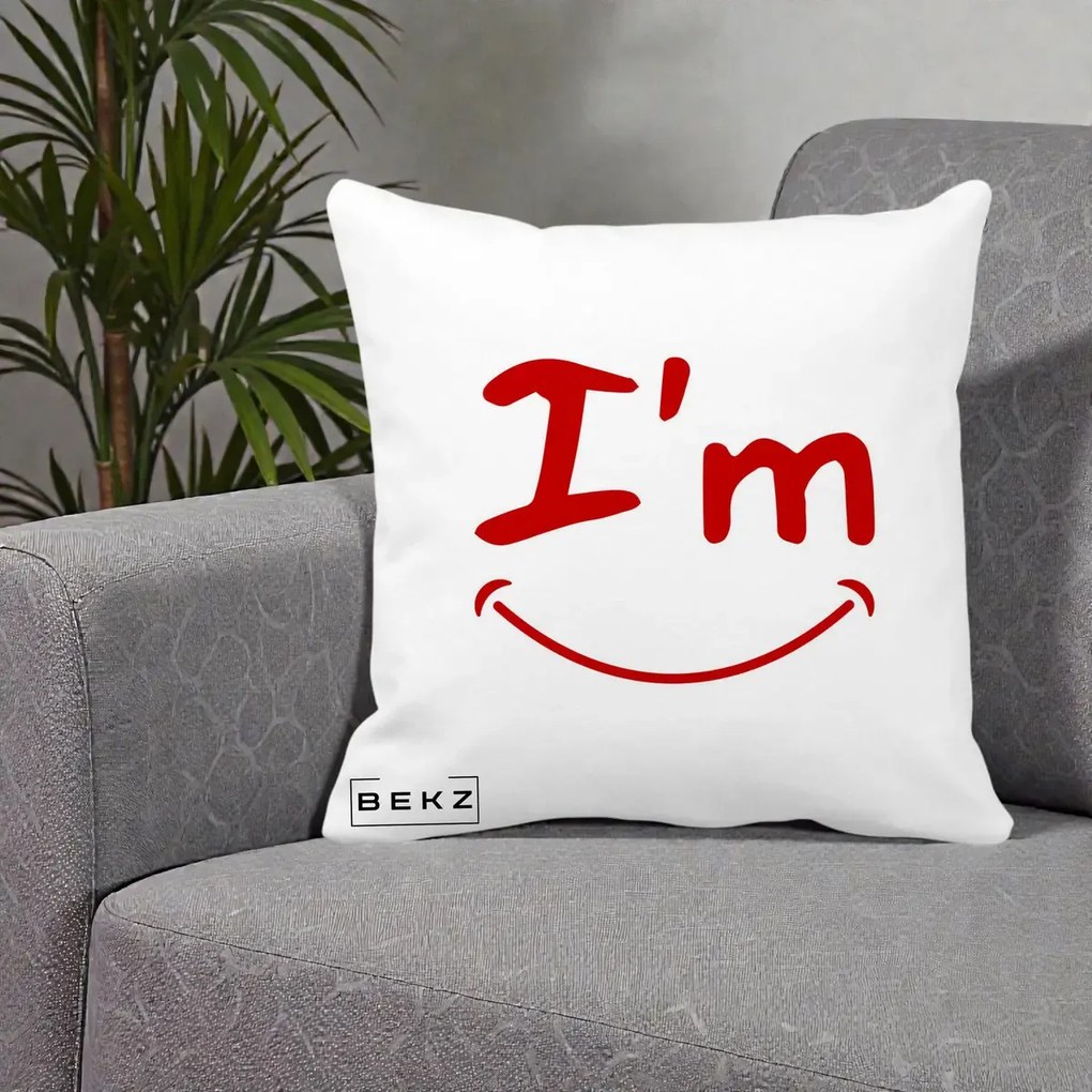 Perna Decorativa I'm Happy Smile, 40x40 cm, Alba Mata, Husa Detasabila, Perna Inclusa, BEKZ®