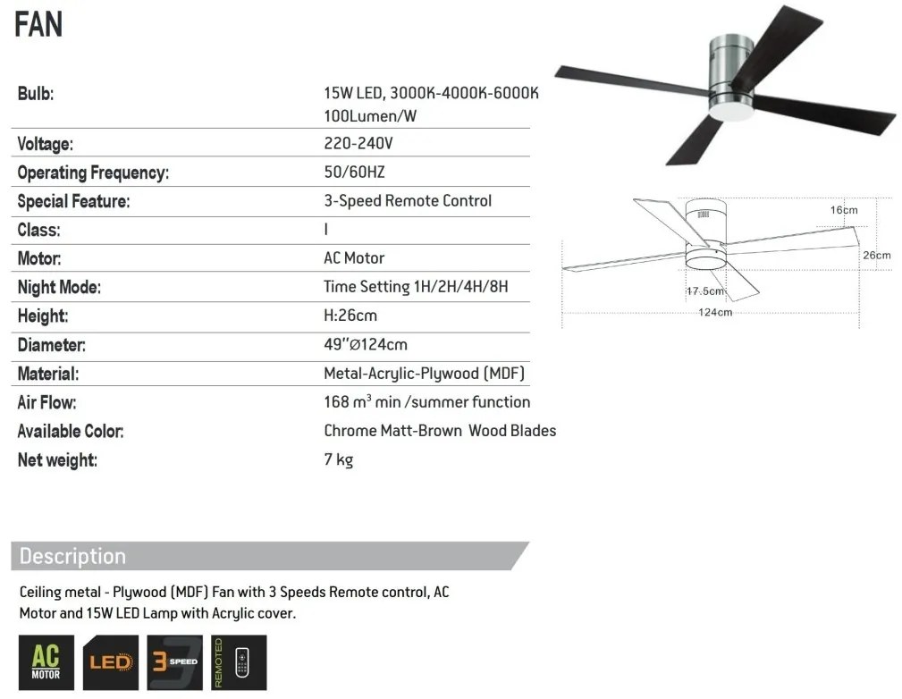 Lustra LED cu Ventilator si telecomanda Sarah crom/maro