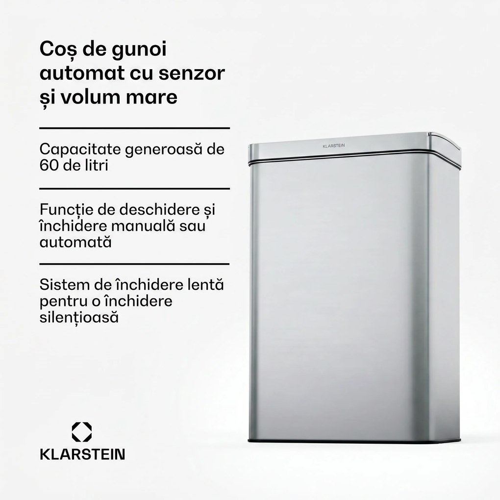 Klarstein Coș de gunoi fără atingere, cu senzor, 60 l, din oțel inoxidabil, închidere ușoară, cu baterii, afișaj LED, temporizator