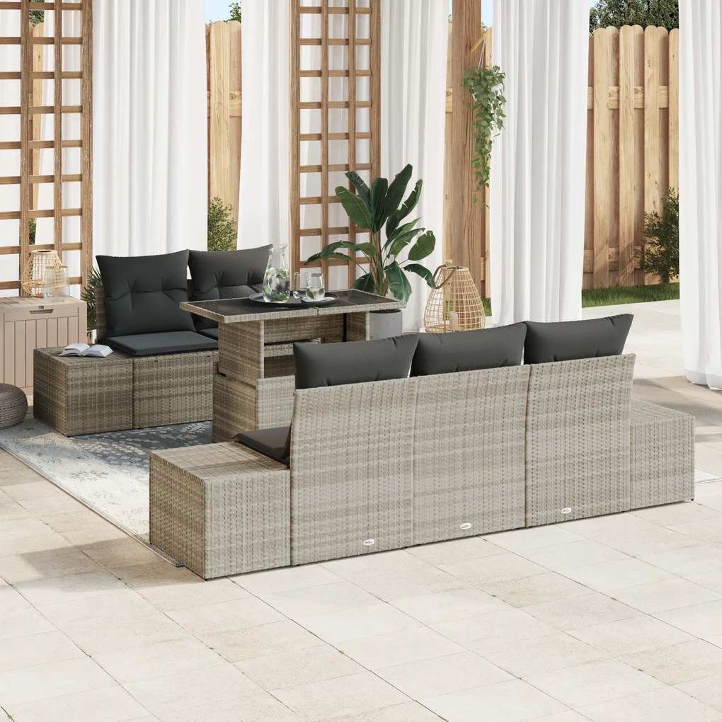 vidaXL Set de canapea pentru grădină din 6 piese, cu perne, gri deschis, din rattan plastic