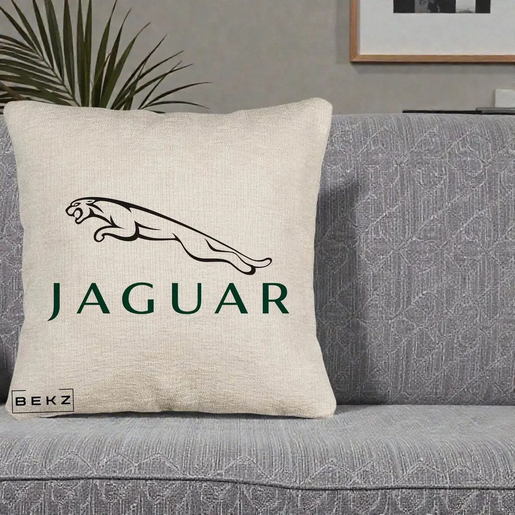 Perna Personalizata cu emblema Jaguar, 40x40 cm, Bej Canapea, Husa Detasabila, Perna Inclusa, BEKZ®