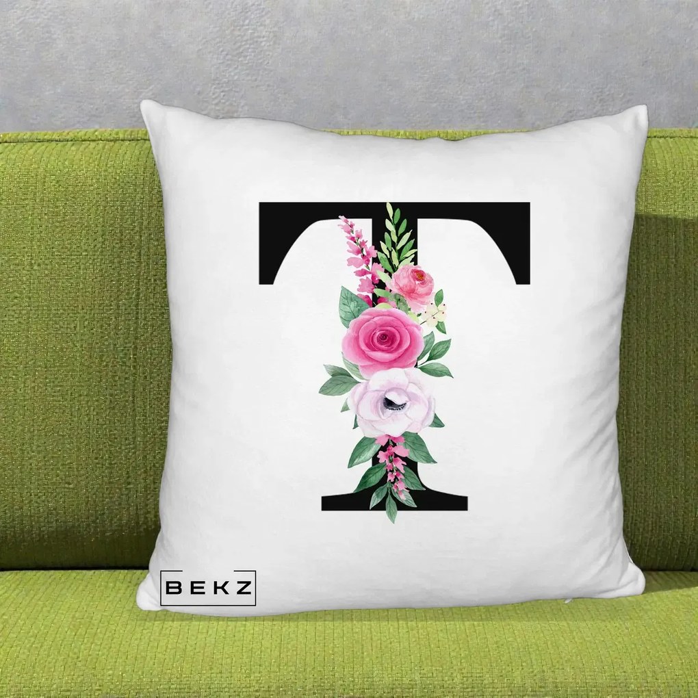 Cadou Personalizat - Perna Personalizata Monograma Florala Litera T, 40x40 cm, Alb Pufos, Husa Detasabila, Perna Inclusa, BEKZ®