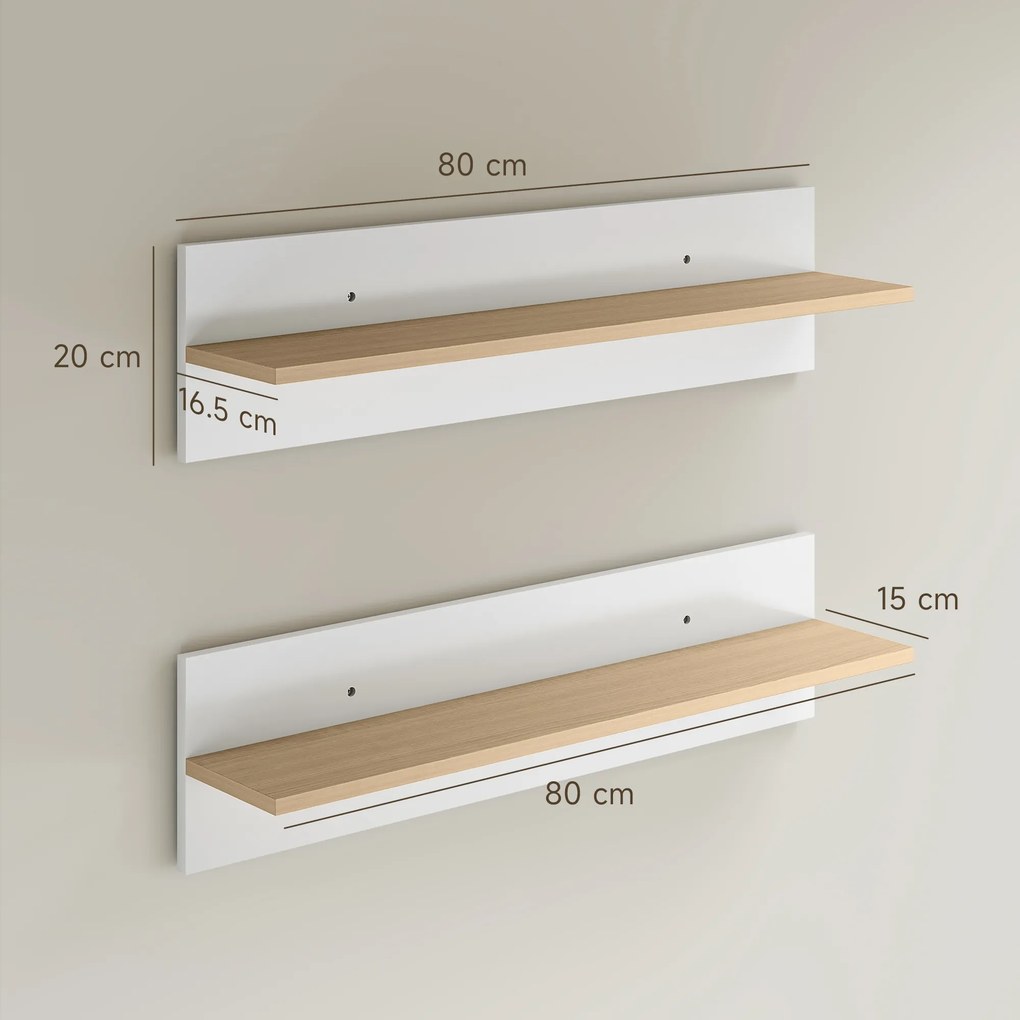 HOMCOM Set 2 Rafturi de Perete pentru Casă și Birou, Rafturi din Lemn pentru Bucătărie și Living, 80x16.5x20 cm, Alb și Lemn Natural | Aosom Romania