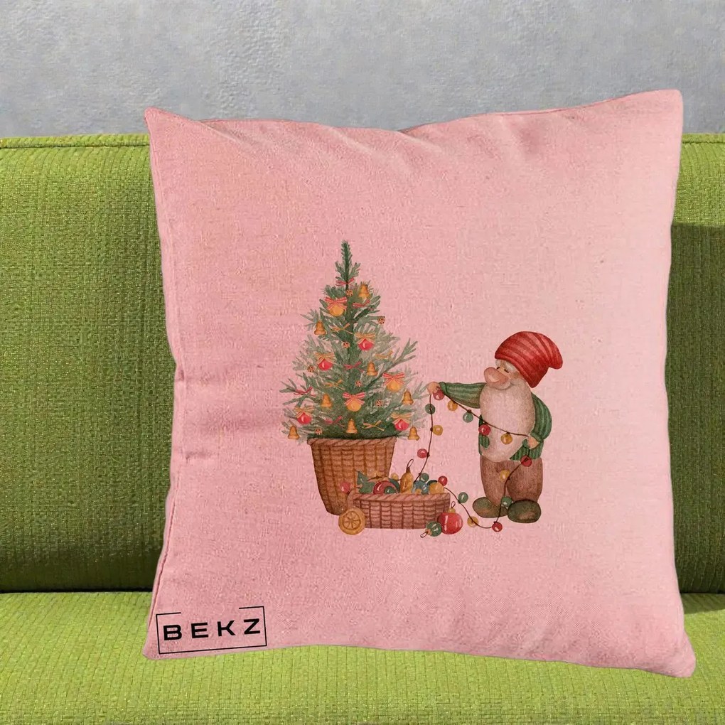 Perna Decorativa Pitic de Craciun cu Brad, 40x40 cm, Roz, Husa Detasabila, Perna Inclusa, BEKZ®