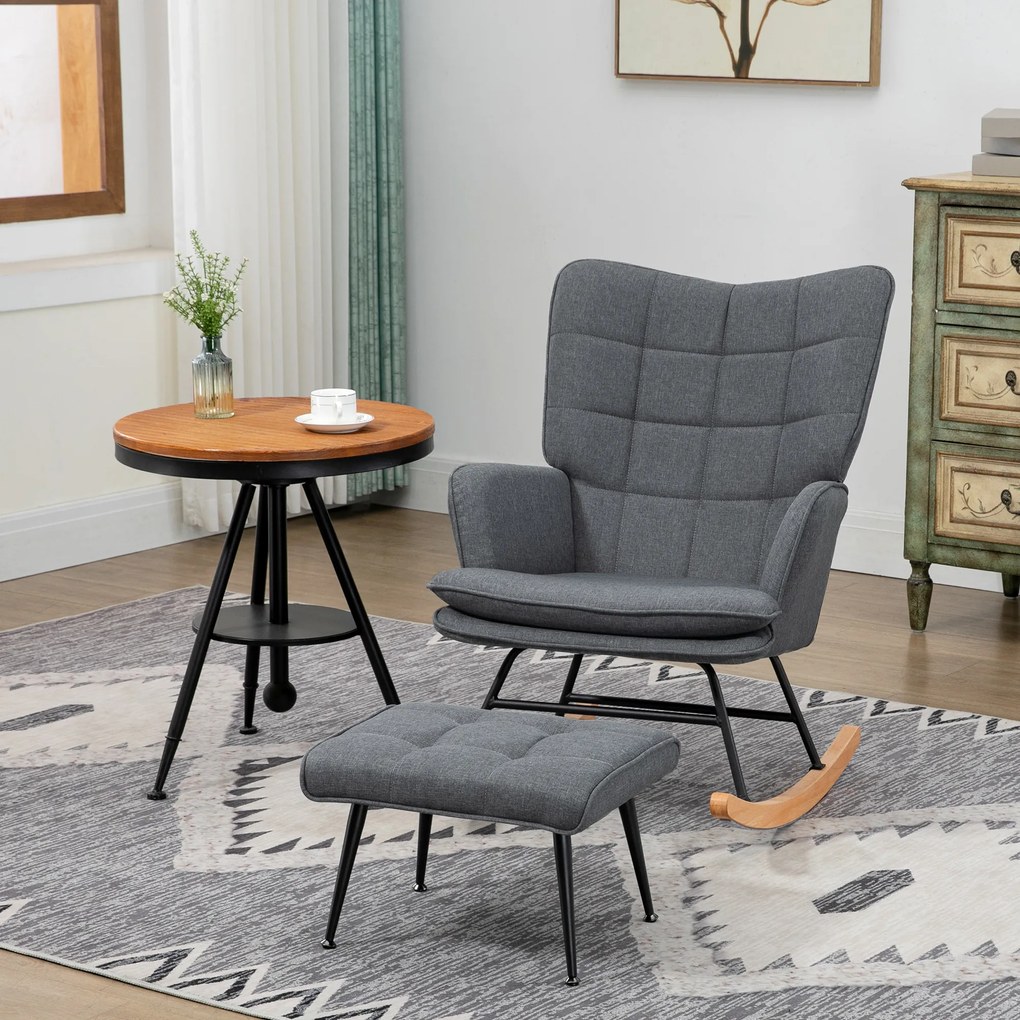 HOMCOM Scaun cu leagăn cu taburet, confortabil, până la 130 kg, aspect de in, 64x89x90cm, Gri | Aosom Romania