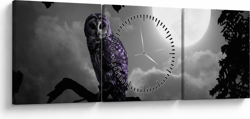 Tablou - Bufniță de noapte, bufniță mov (cu ceas) (90x30 cm)