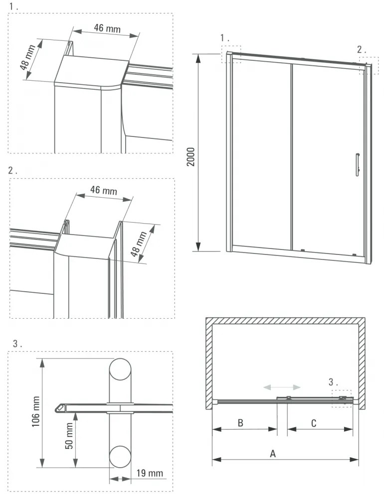 Cabina dus dreptunghiulara 140x90 cm, cu perete fix si usa culisanta, Deante Cynia