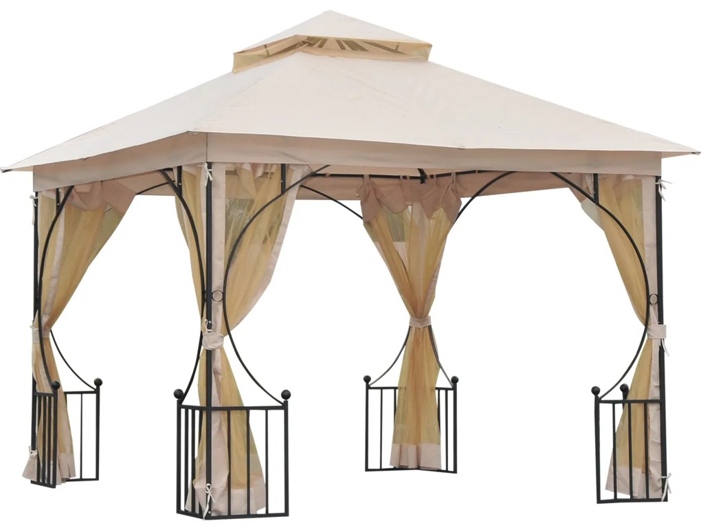 Outsunny Pavilion de Grădină cu Acoperiș Dublu din metal și Poliester,Bej, 3x3m