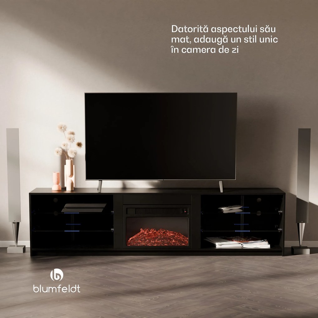 Blumfeldt Perth Medium Lowboard Dulap TV cu șemineu electric, 160 x 40 x 30 cm, LED
