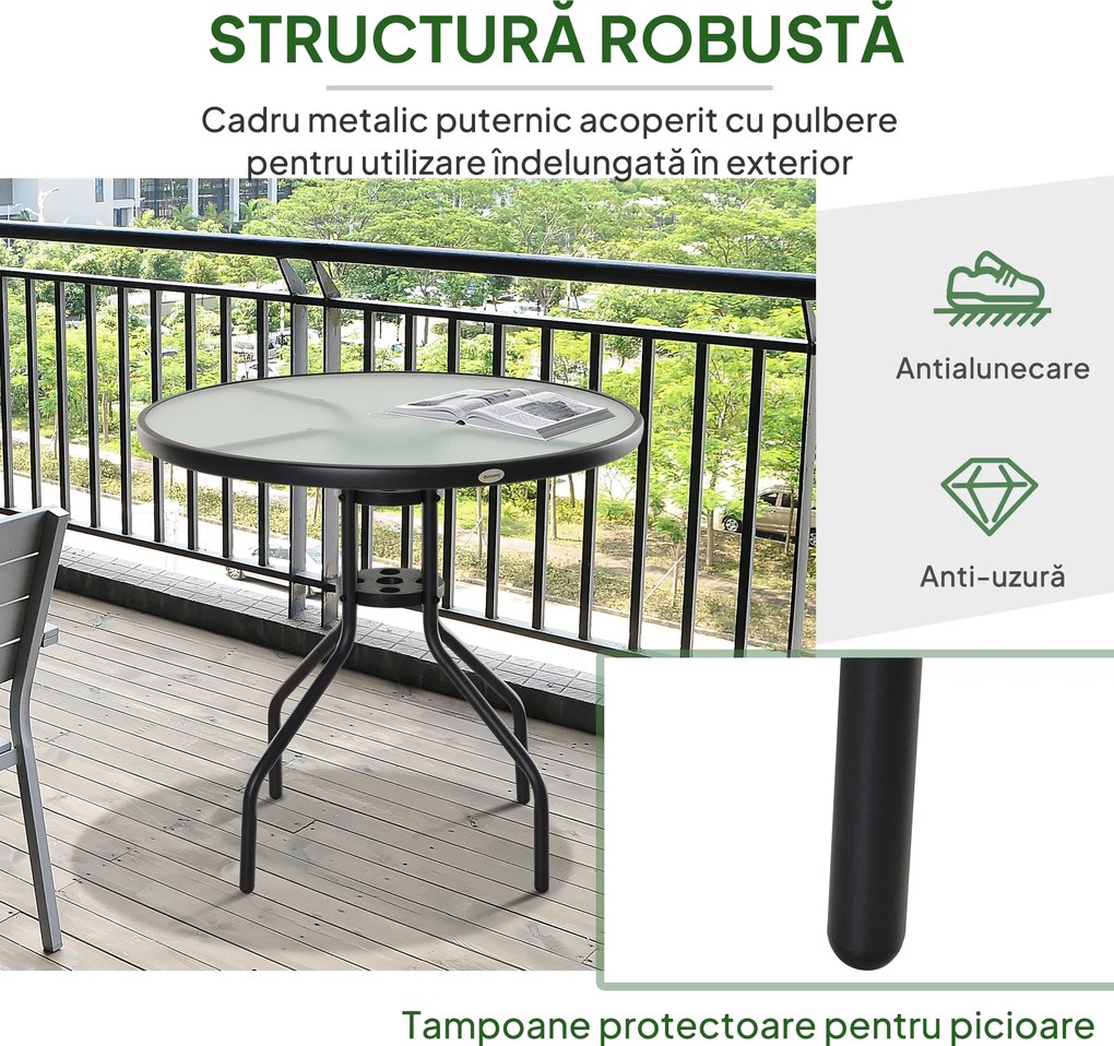 Outsunny Măsuță de Exterior din Oțel cu Sticlă Securizată, Ideală pentru Grădină și Terasă, Ф80x72cm | Aosom Romania