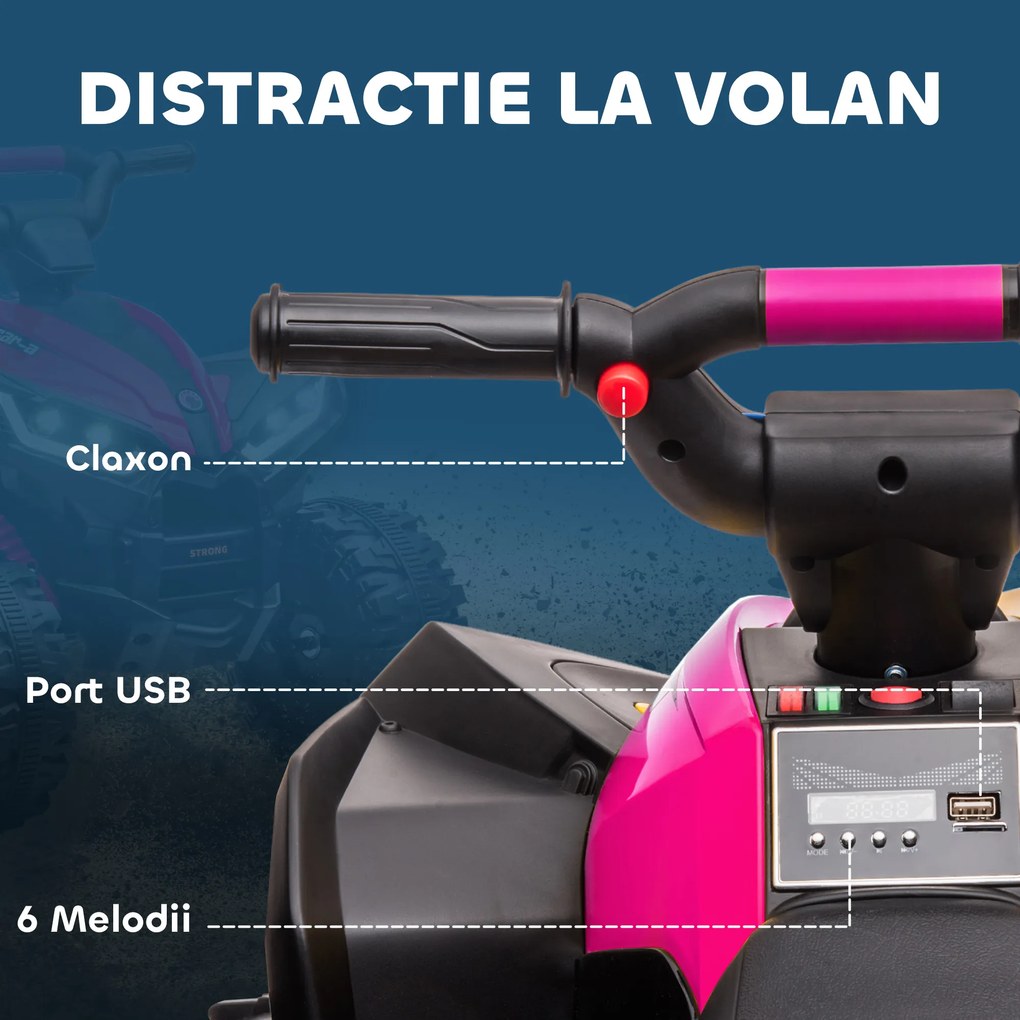 HOMCOM ATV Electric pentru Copii cu Motor Dublu și 2 Viteze, Roți, Faruri LED, Claxon și Muzică, 83x53x55.5 cm, Roz | Aosom Romania