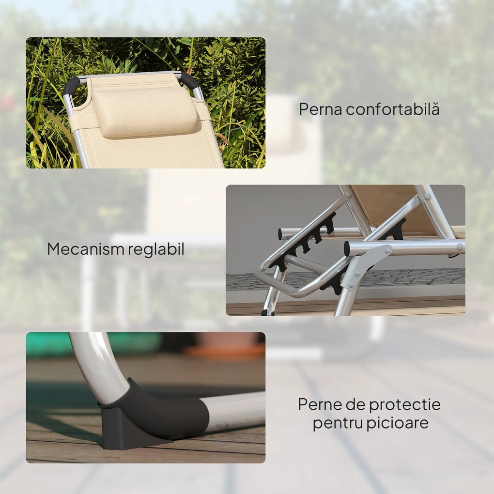 Outsunny Șezlong de plajă, Pliabil cu suport pentru cap, spătar reglabil, aluminiu și textilene, bej | Aosom Romania