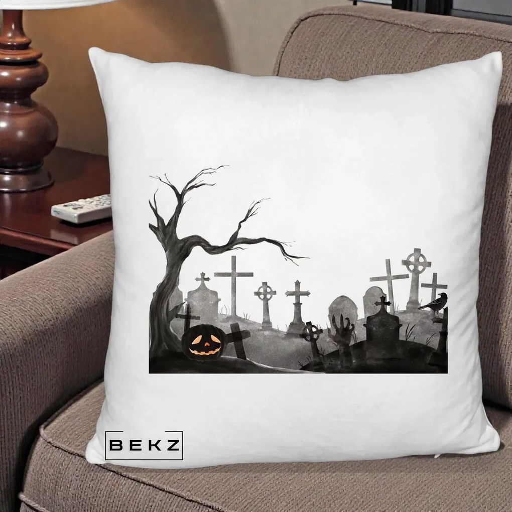 Perna Decorativa Halloween Cimitir Acuarela cu Dovleac, 40x40 cm, Alb Pufos, Husa Detasabila, Perna Inclusa, BEKZ®