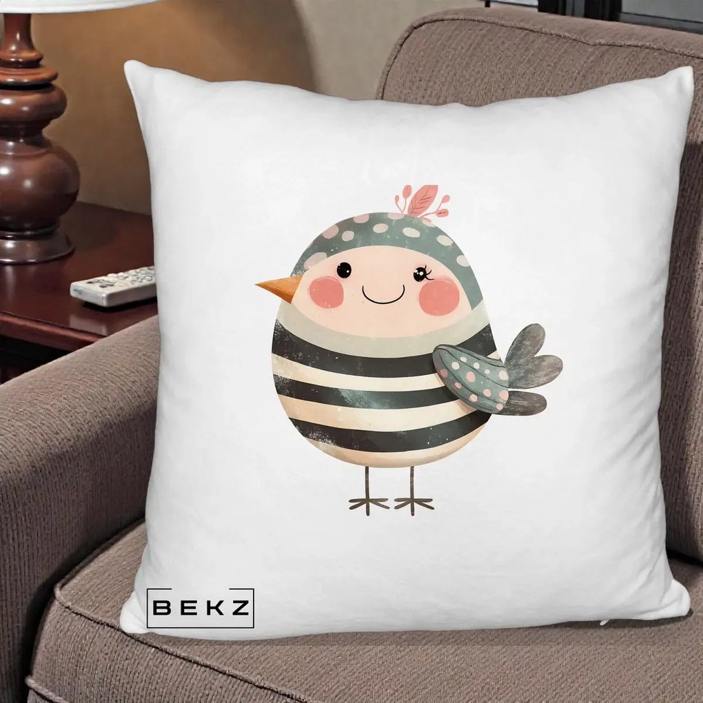 Perna Decorativa Pui Kawaii Teal cu Flori, 40x40 cm, Alb Pufos, Husa Detasabila, Perna Inclusa, BEKZ®