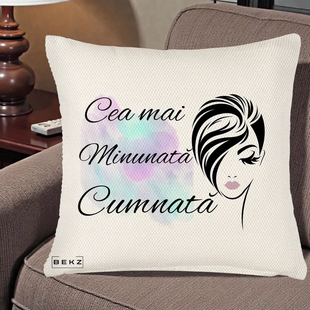 Cadou pentru Cumnata - Perna Personalizata Cea mai Minunata Cumnata cu Silueta Dama si Pete Multicolor, 40x40 cm, Crem Reliefat, Husa Detasabila, Perna Inclusa, BEKZ®