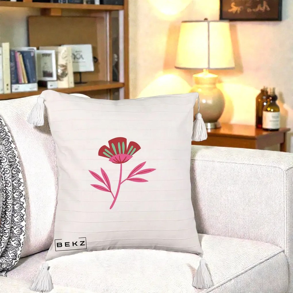 Perna Decorativa Floare Macul Roz-Rosu Grafic, 40x40 cm, Bej cu Franjuri, Husa Detasabila, Perna Inclusa, BEKZ®