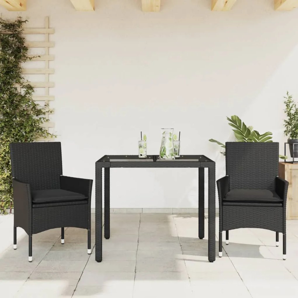 vidaXL Set mobilier de grădină cu perne 3 piese negru poliratan&amp;sticlă