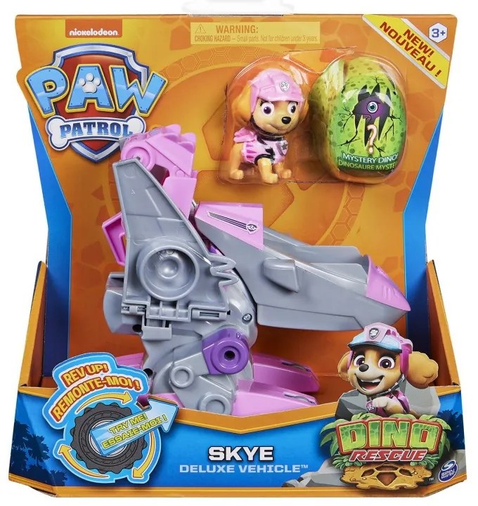 PATRULA CATELUSILOR SET VEHICUL CU CATELUSA SKYE SI FIGURINA DINO SURPRIZA