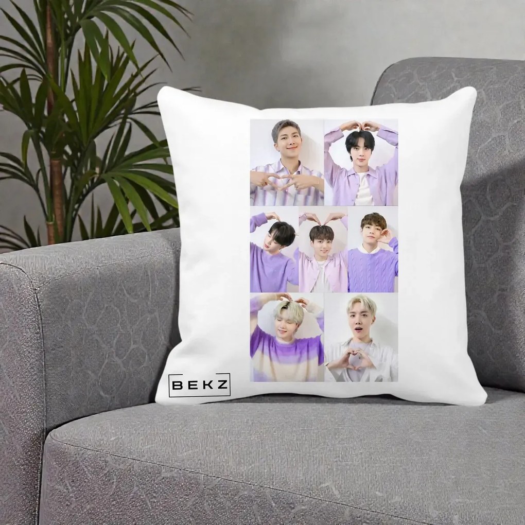 Perna Personalizata K-pop BTS Colaj 7 Portrete cu Inimi Lila, 40x40 cm, Alba Mata, Husa Detasabila, Perna Inclusa, BEKZ®