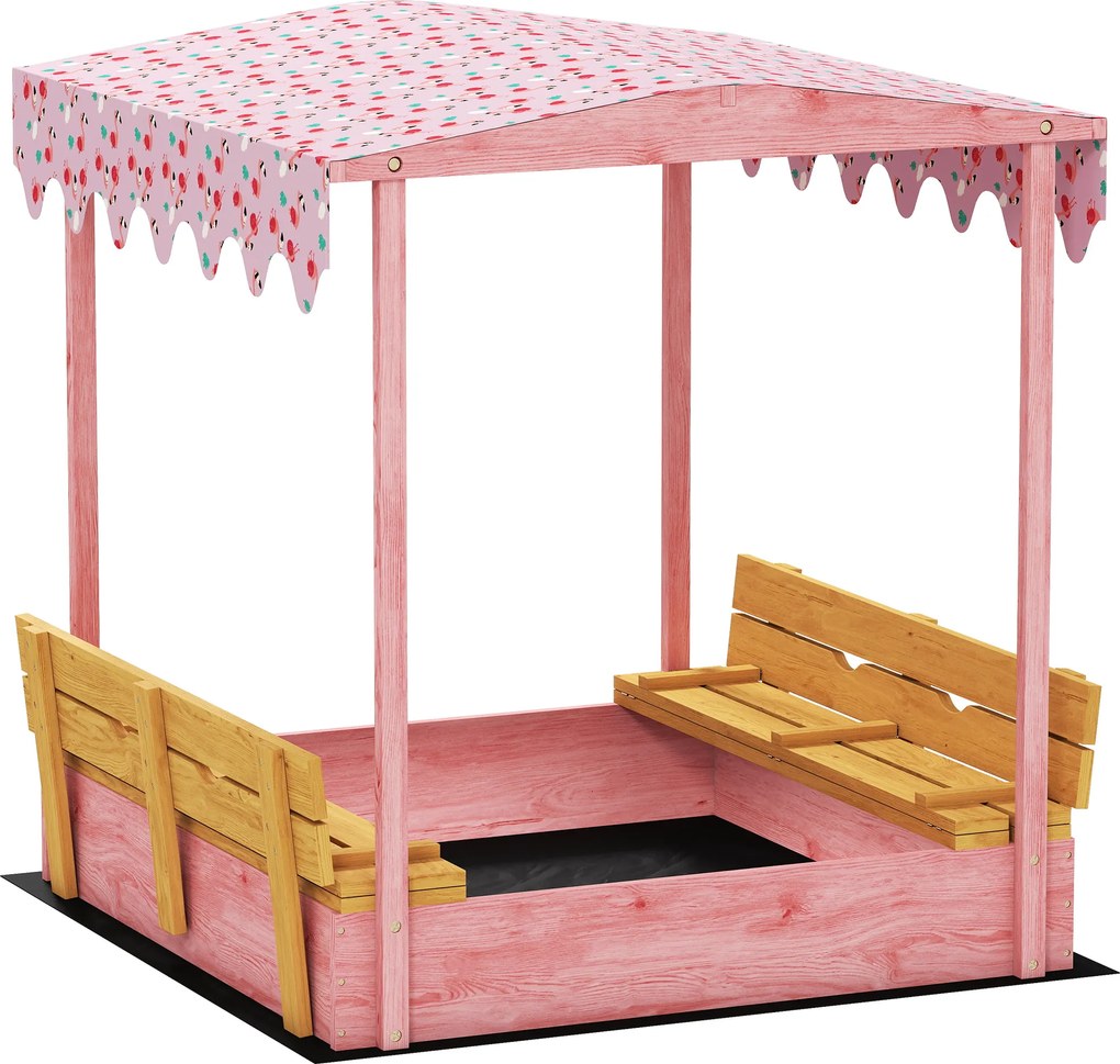 AIYAPLAY Ladă de Nisip pentru Copii 3-6 Ani cu Acoperiș cu Flamingo, Scaune Pliabile, Capac și Husă Incluse, Ladă de Joacă din Lemn de Brad, 134,5x127,5x130 cm, Roz | Aosom Romania