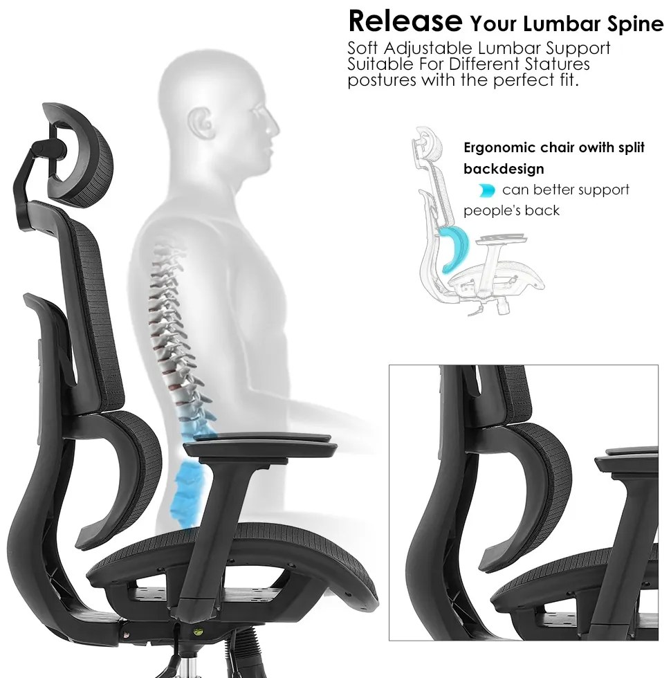 Ergodynamic Gary H - Scaun de birou - Full mesh - black, translatie sezut, brate 3D
