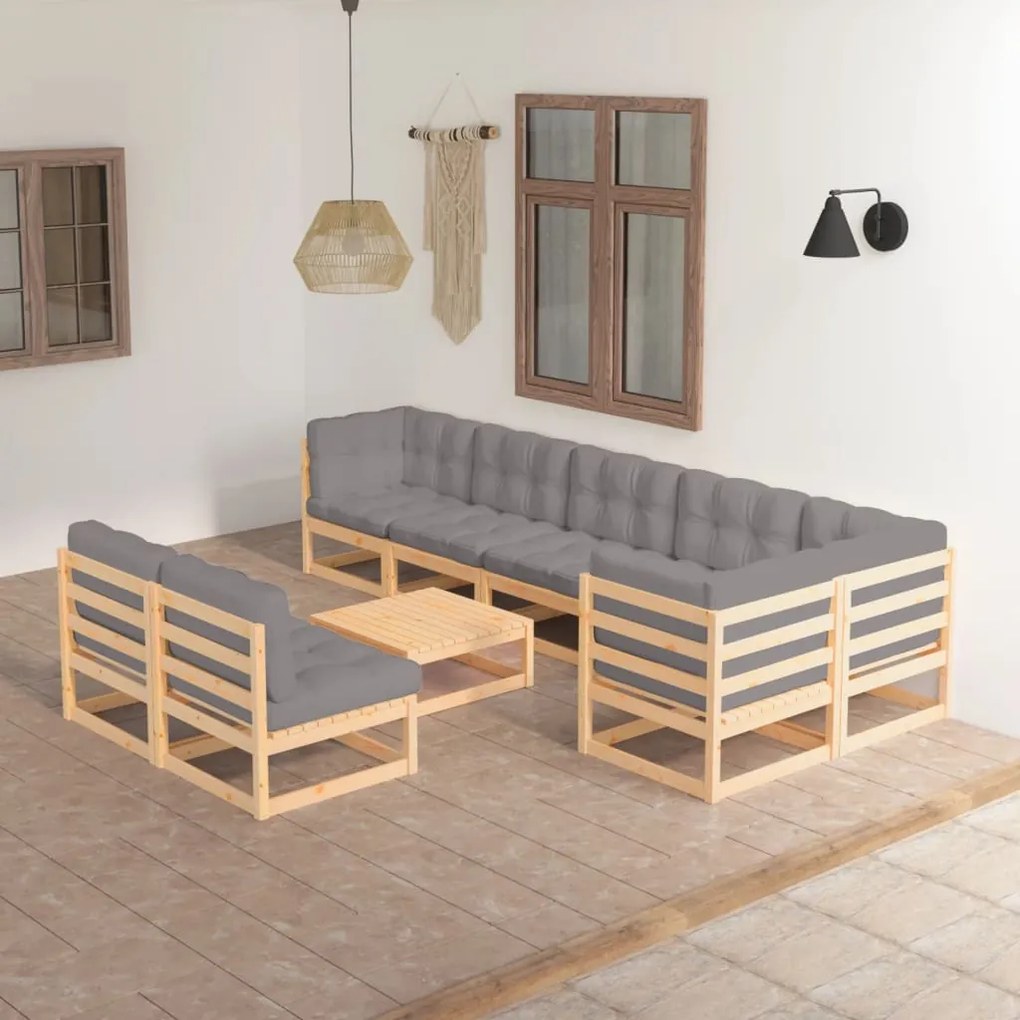 3076669 vidaXL Set mobilier grădină cu perne, 9 piese, lemn masiv de pin