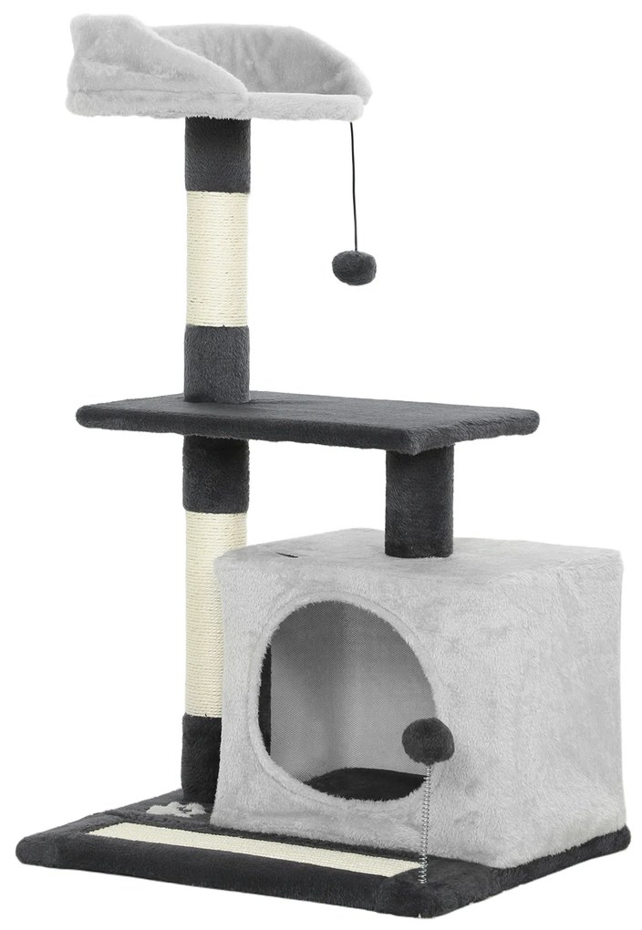 PawHut Ansamblu de joacă pentru pisici cu căsuță, Culcuș, Stâlpi și Covor, 85cm, Gri | Aosom Romania