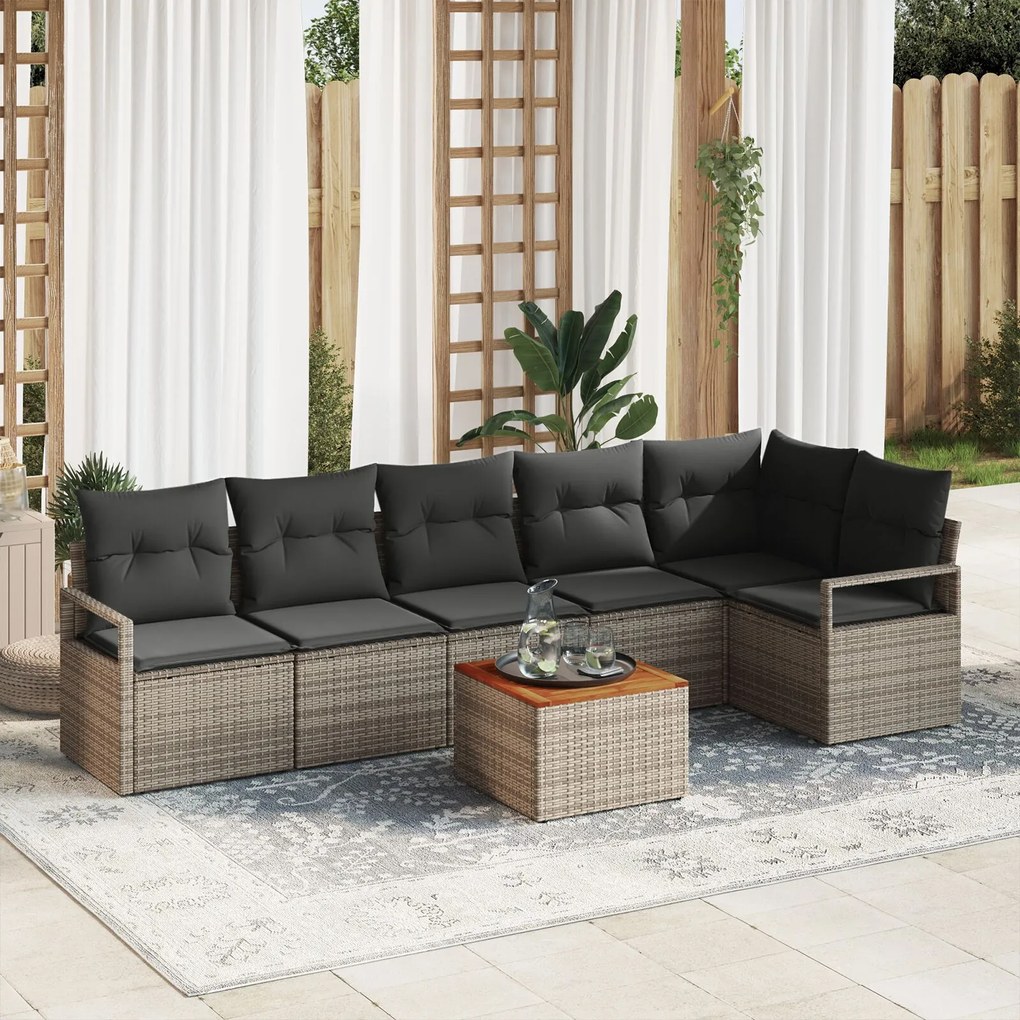 vidaXL Set canapea grădină, 7 piese, cu perne gri, din rattan poliester și acacia