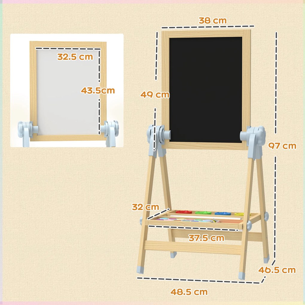 AIYAPLAY Șevalet pentru copii cu tablă dublă pentru cretă și markere, tablă magnetică și tăviță pentru accesorii, rolă de hârtie inclusă, lemn natur | Aosom Romania