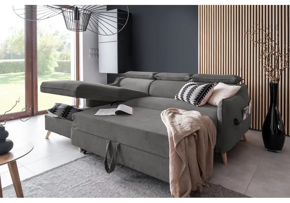 Colțar gri închis extensibil cu tapițerie din catifea (cu colț pe partea stângă ) Sweet Harmony – Miuform