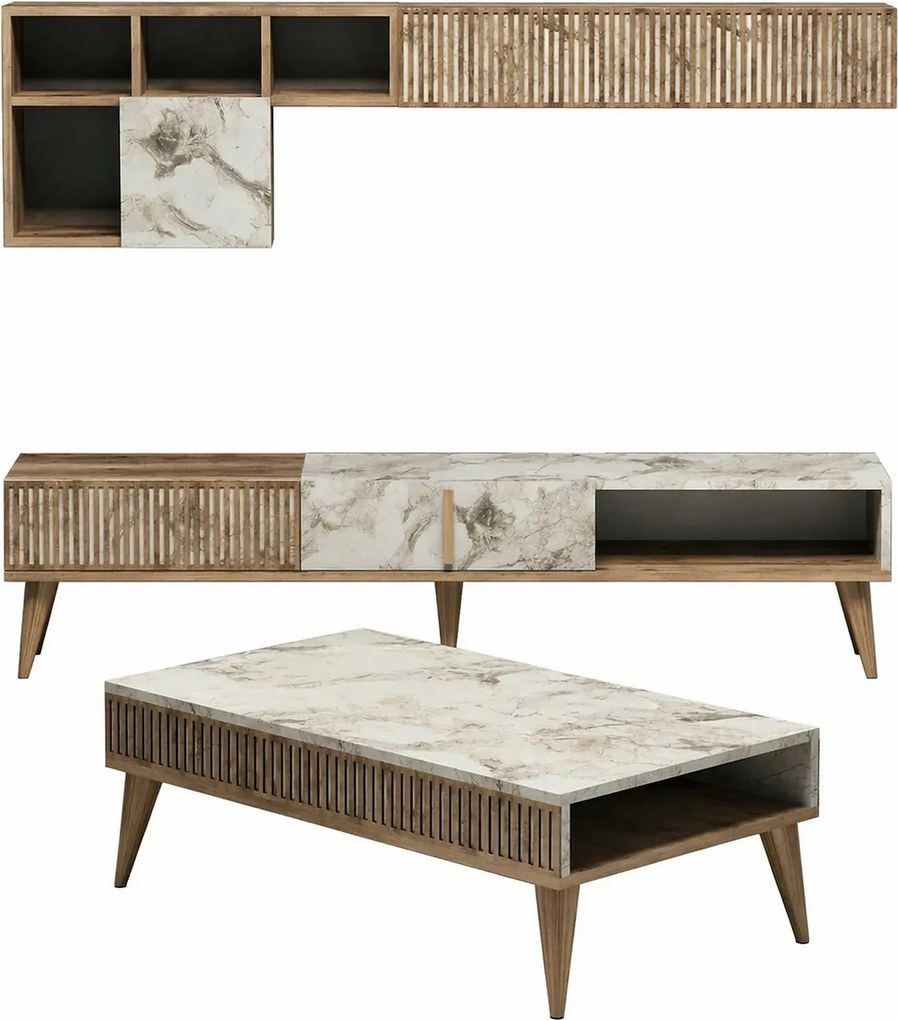 Mobilier living MILAN, alb cu efect de marmura/nuc, PAL melaminat, 3 p