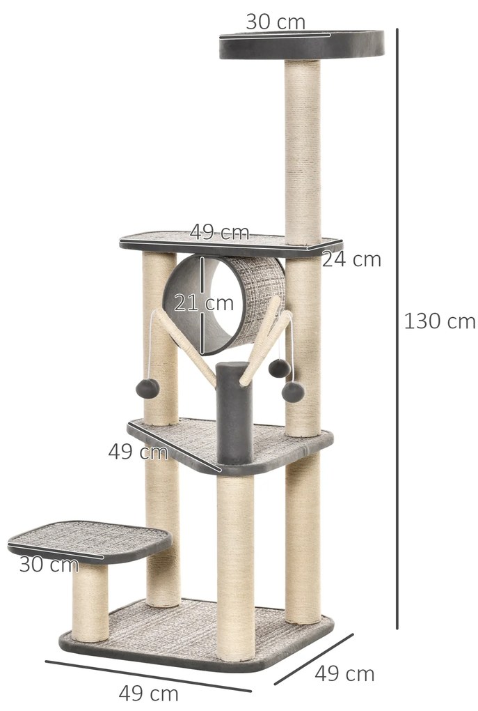 PawHut Arbore de Zgâriat pentru Pisici cu Pat, Tunel, Stâlpi din Sisal, Mingi și Husă din Pluș, 130 cm, Gri | Aosom Romania