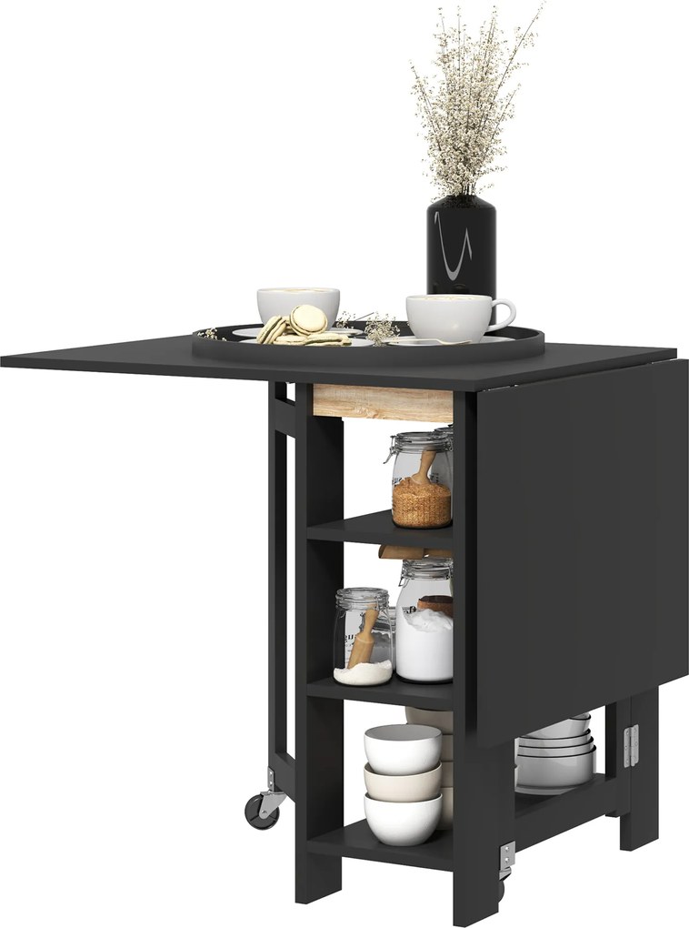 HOMCOM Masă pentru bucătărie masă de dining pliabilă detașabilă 3 etajere 2 blaturi rabatabile design modern 120 x 60 x 75 cm negru | Aosom Romania