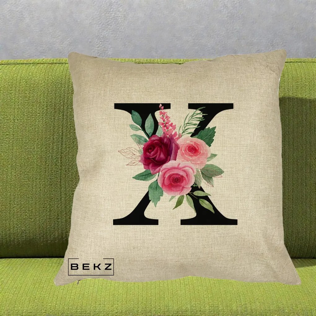 Cadou Personalizat - Perna Personalizata Monograma Florala Litera X cu Buchet, 40x40 cm, Crem, Husa Detasabila, Perna Inclusa, BEKZ®