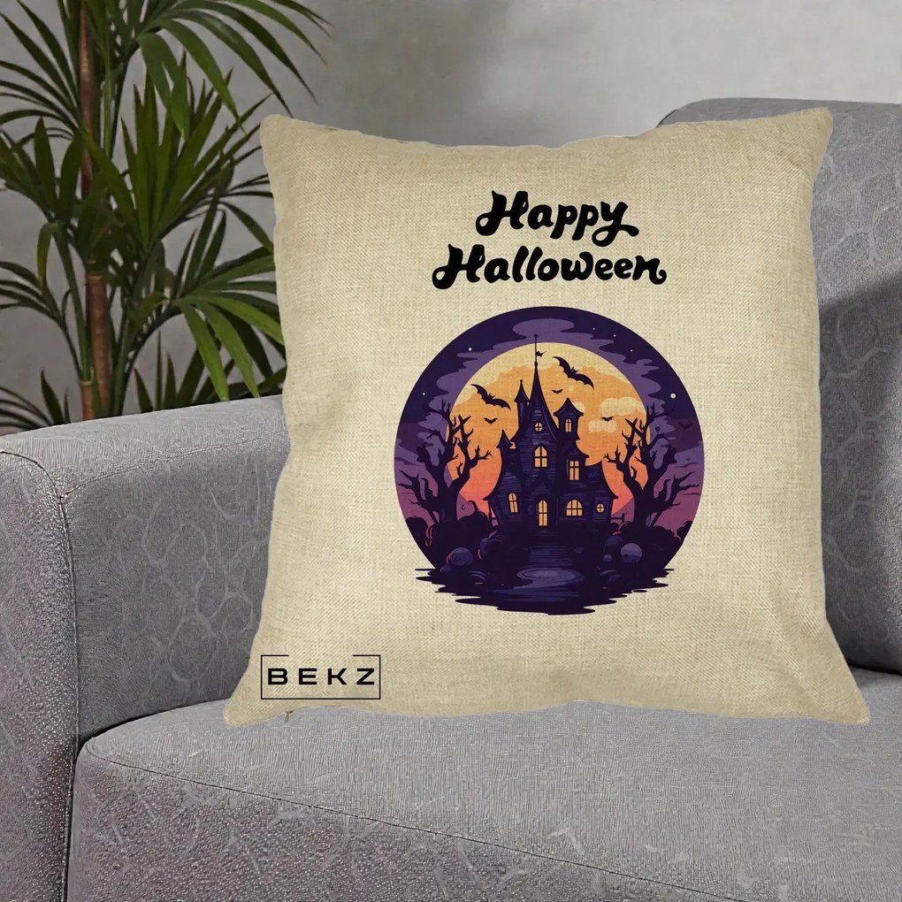 Perna Decorativa Happy Halloween Casa Bantuita Violet, 40x40 cm, Crem, Husa Detasabila, Perna Inclusa, BEKZ®