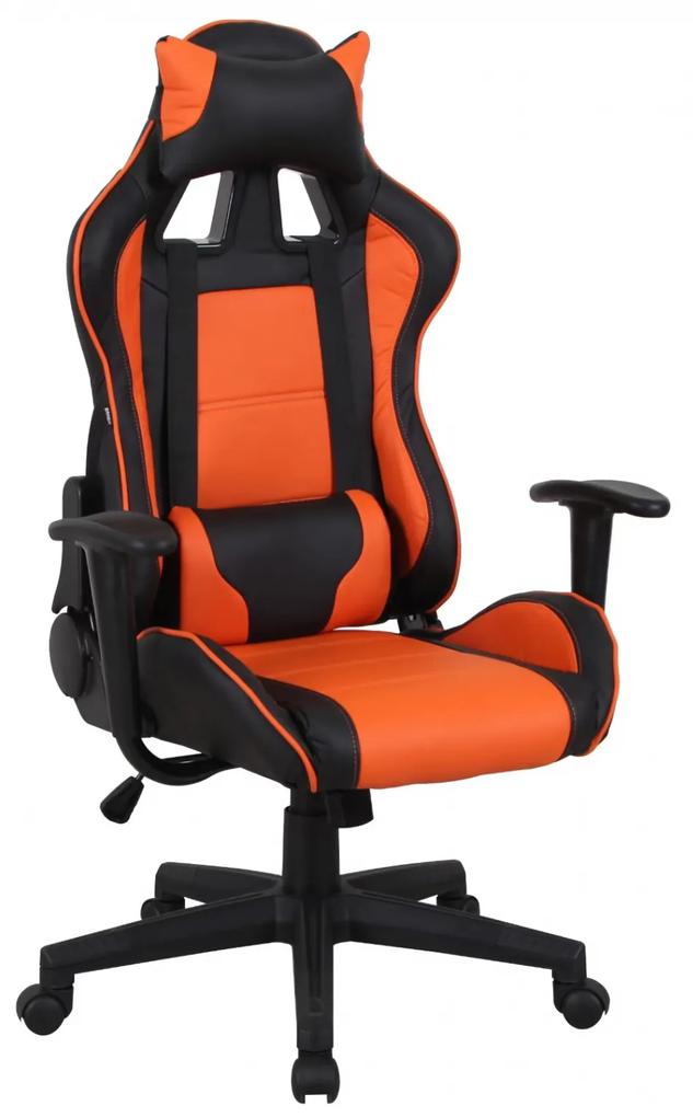 Scaun birou gaming rotativ, imitatie piele, negru + portocaliu