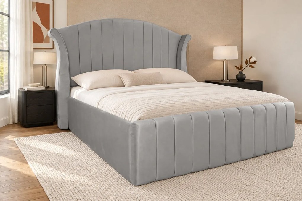 Pat tapițat din catifea Sorella Simple Line 140×200 cm, gri deschis, cu ladă de depozitare