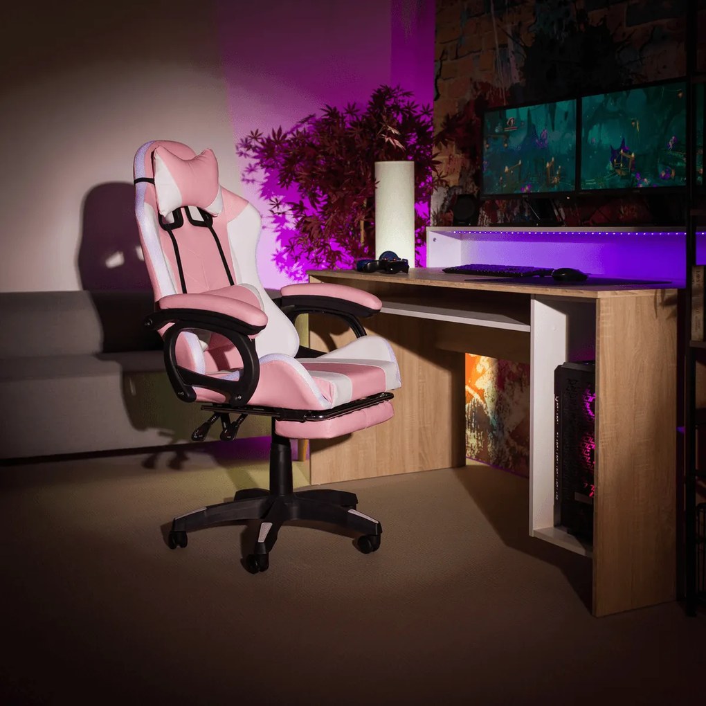 Scaun de birou   joc cu iluminare LED RGB, roz   alb, JOVELA