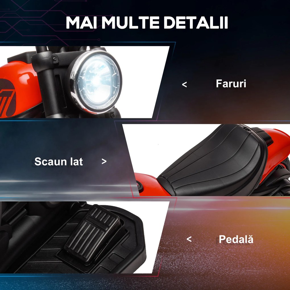 HOMCOM Motocicleta Electrica pentru Copii 18-36 Luni, cu Roti Suplimentare si Far, din PP si Metal ,Rosu si Negru | Aosom Romania