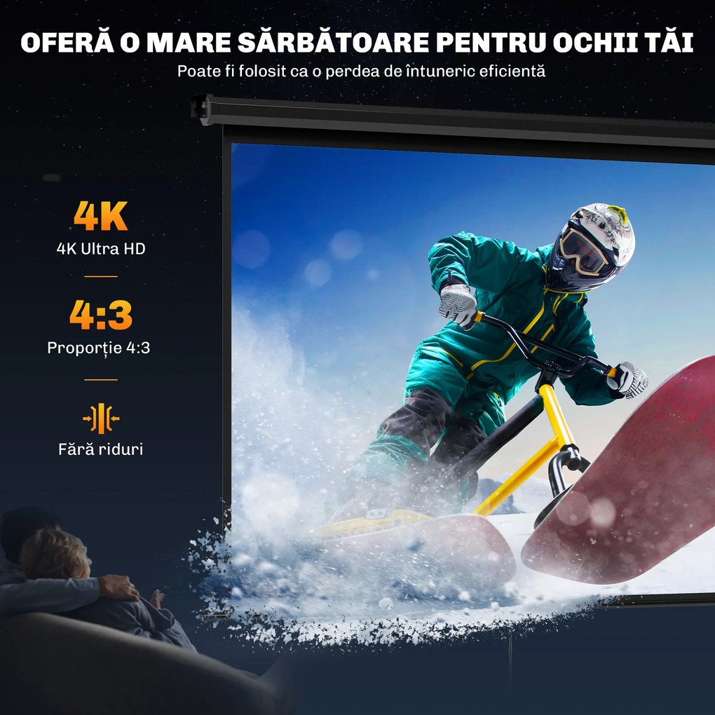 HOMCOM Ecran de Proiecție 84", Format 4:3, Unghi de 160° și Montare pe Tavan sau Perete, Negru | Aosom Romania