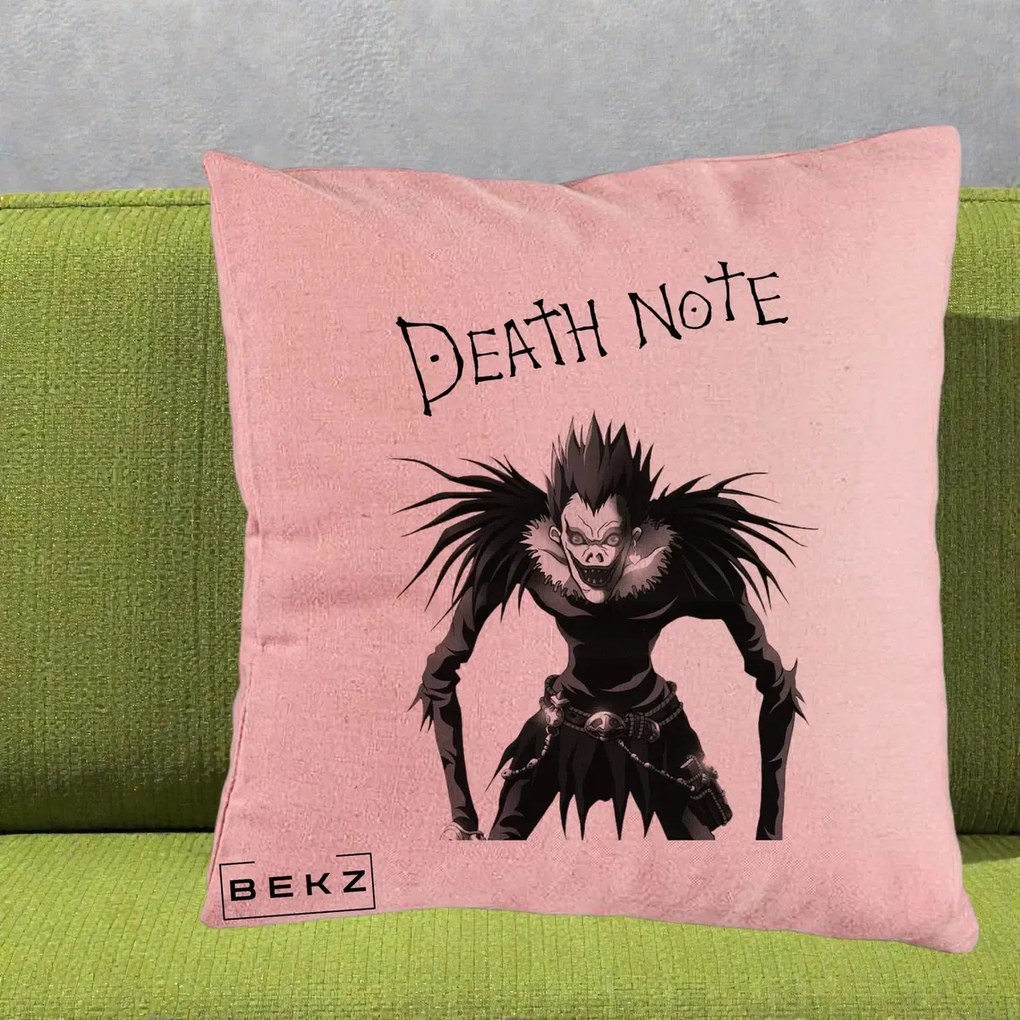 Perna Personalizata Death Note Ryuk Shinigami Alb-Negru, 40x40 cm, Roz, Husa Detasabila, Perna Inclusa, BEKZ®