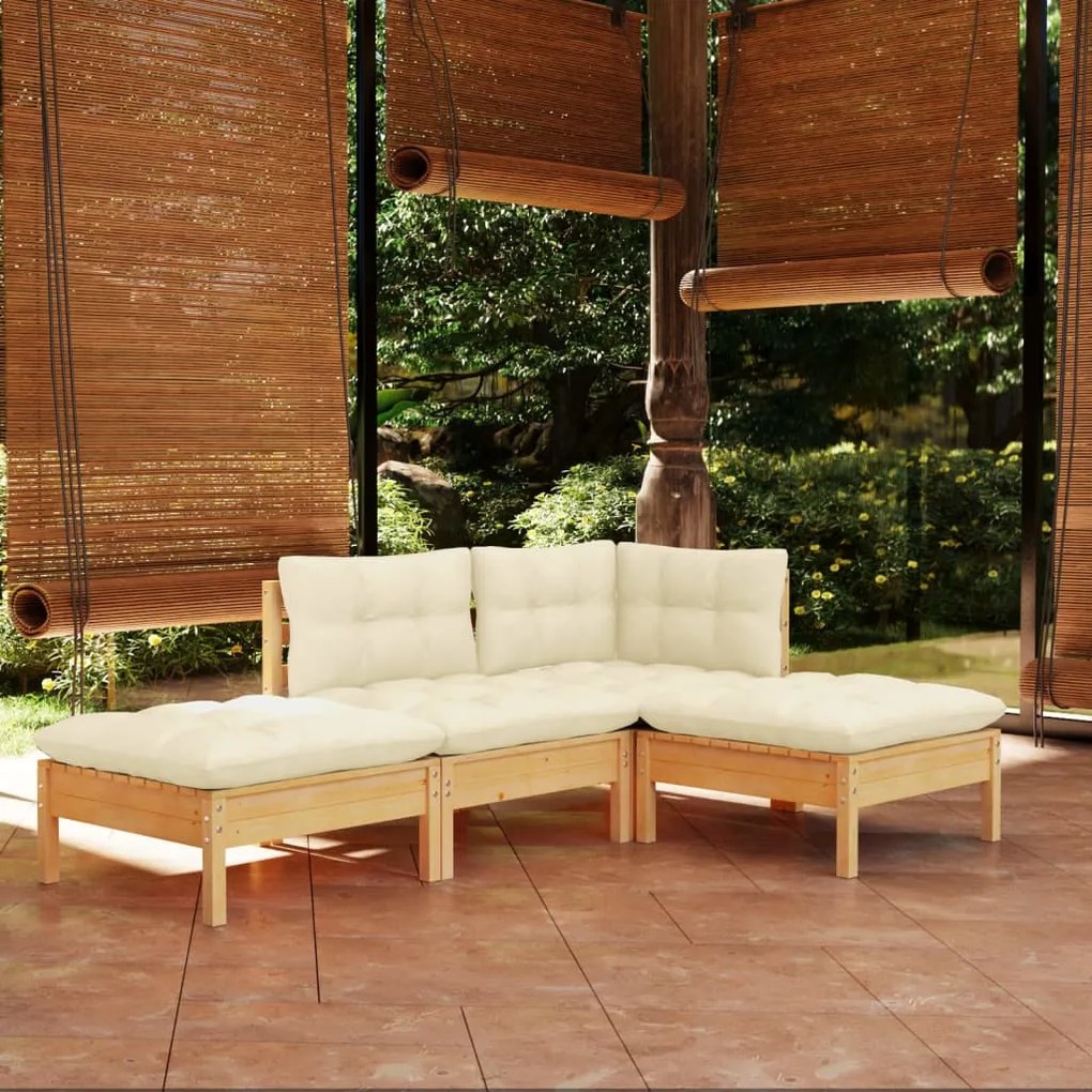 vidaXL Set mobilier grădină cu perne crem, 4 piese, lemn de pin