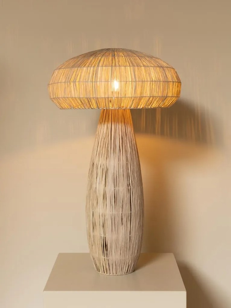 Lampă de masă din rafie natur, formă de ciupercă, cu structură din metal, finisaj natural, 87×52 cm, „Mushroom"