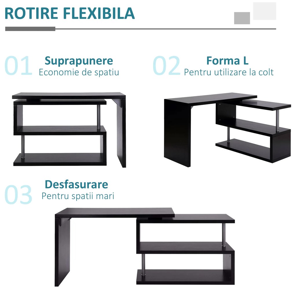 HomCom Birou pe colt pentru Computer cu Rafturi in Lemn, Negru, 120x106x75cm