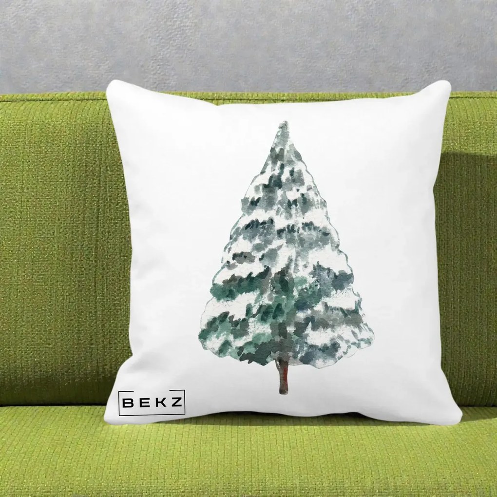 Perna Decorativa cu tematica de Craciun, Brad 2, 40x40 cm, Alba Mata, Husa Detasabila, Perna Inclusa, BEKZ®