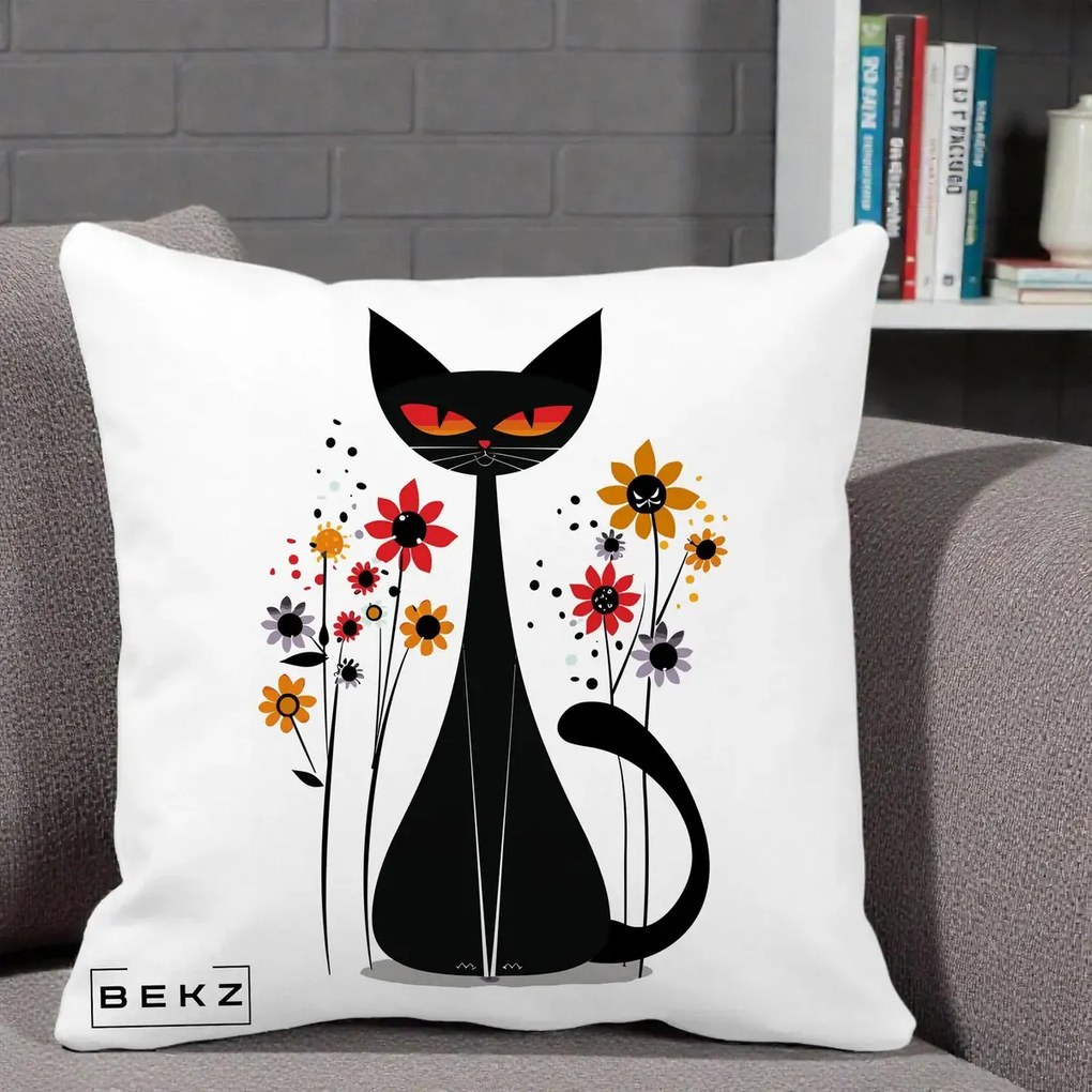 Perna Decorativa Pisica Neagra Ochi Rosii Flori, 40x40 cm, Alba Mata, Husa Detasabila, Perna Inclusa, BEKZ®
