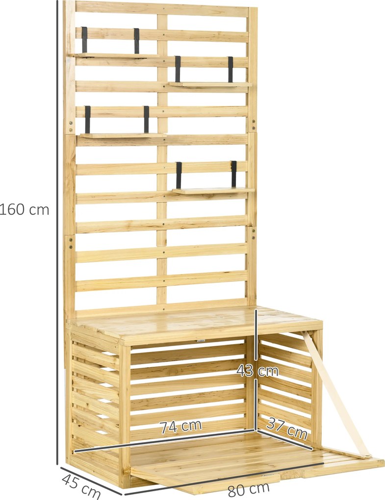 Outsunny Bancă de Depozitare pentru Grădină din Lemn de Brad cu Spalier Integrat și 4 Rafturi, Bancă de Depozitare Exterior Impermeabilă cu Închidere Magnetică, 80x45x160 cm, Culoare Lemn | Aosom Romania
