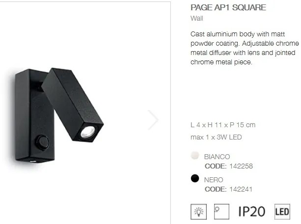 Aplica moderna, directionabila, LED PAGE AP SQUARE NERO 142241
