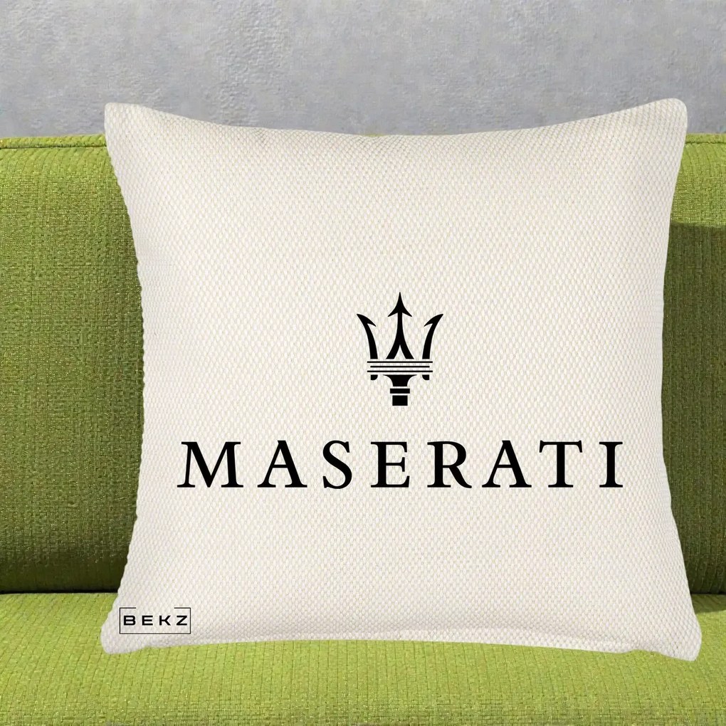 Perna Personalizata cu emblema Maserati, 40x40 cm, Crem Reliefat, Husa Detasabila, Perna Inclusa, BEKZ®
